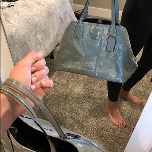 Coach, grey patent leather handbag